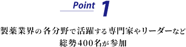Point 1　製薬業界の各分野で活躍する専門家やリーダーなど総勢400名が参加